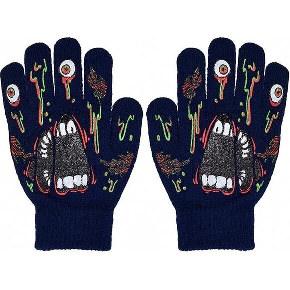 Boys 2 pairs of Gloves: 1-Halloween AND 1-Black (Monster Navy1) - Picture 2 of 3